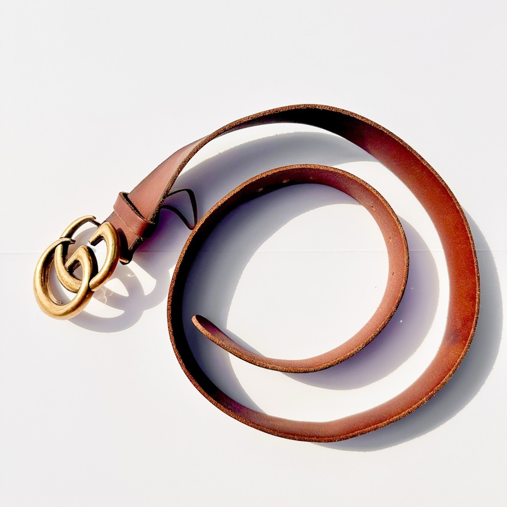 Gucci GG Marmont Leather Belt – Brown with Antique Gold Buckle
